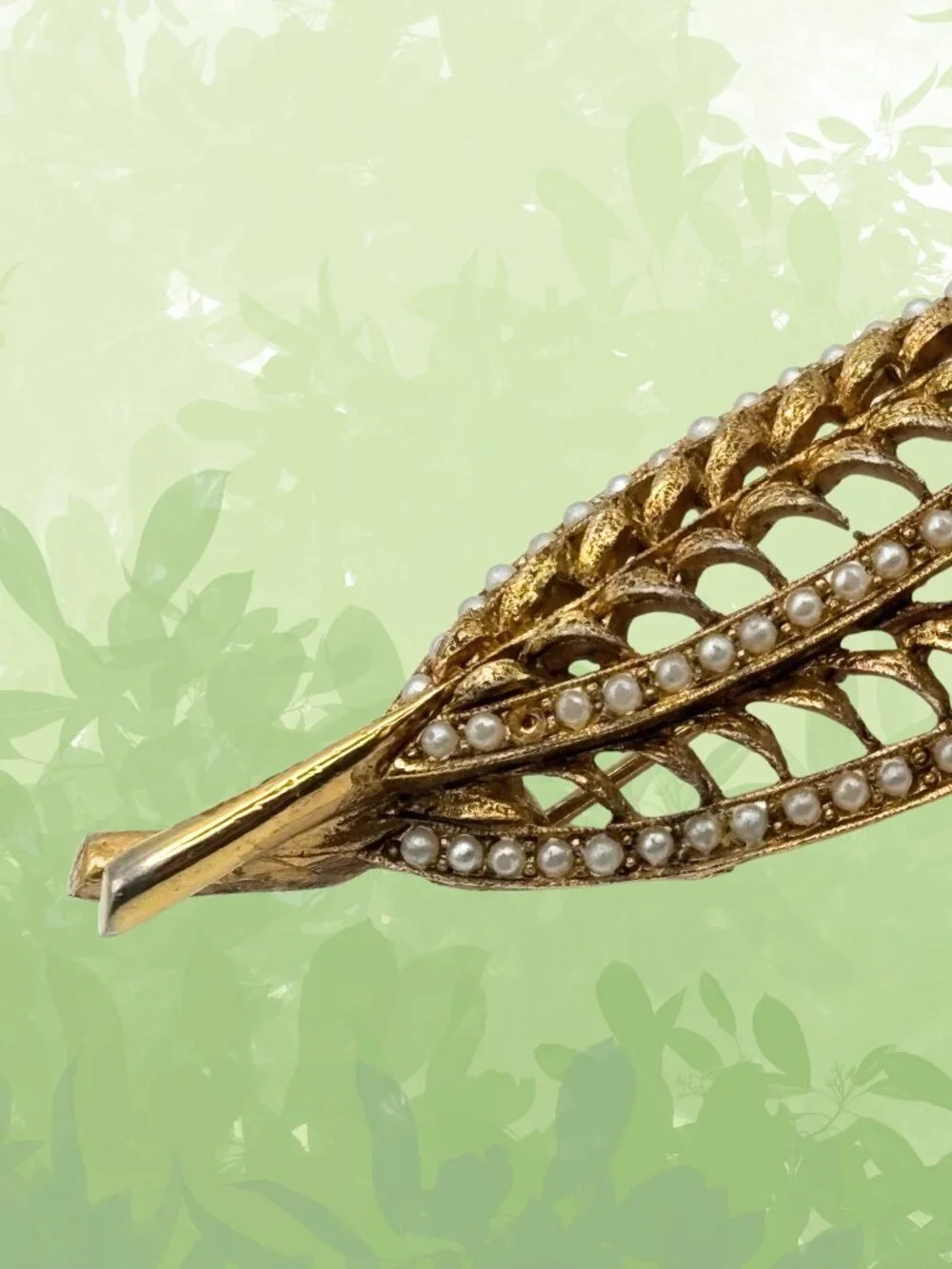 Vintage Gold-tone Double Leaf Brooch With Faux Pearls - 2 1/2